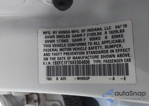 2019 Honda Civic Ex-L z USA, uszkodzony, nr VIN 19XFC1F7XKE004806